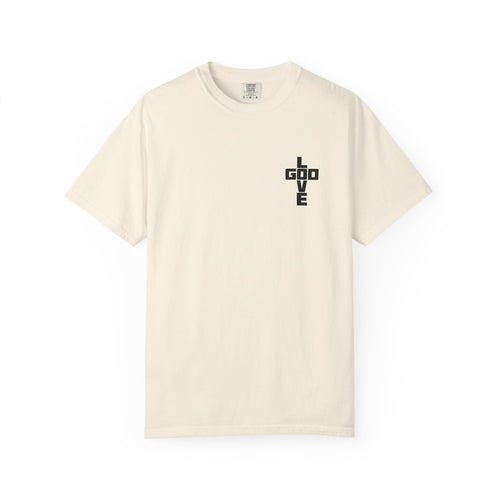 Christian Cross 'God Love' T-Shirt — 'No More Old Me, Tell Him Adios' Back Script